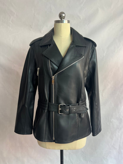 Belted Sustainable Eco-Leather Zip-Up Jacket