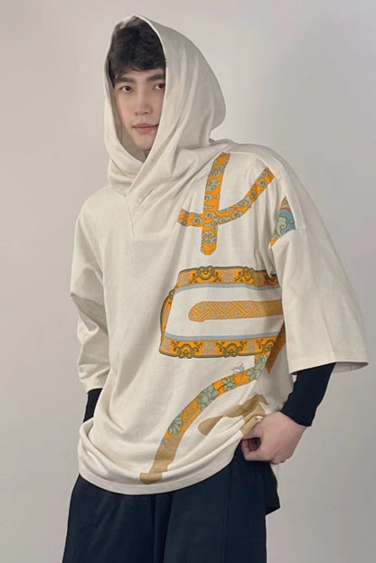 Half-arm Sleeve Rubber Print Hooded Pullover